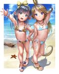  anklet arm_up asakuraf bare_shoulders beach bikini black_hair blonde_hair blue_bikini blue_eyes blue_sky blush bracelet charlotta_fenia cloud commentary_request crown day flat_chest frilled_bikini frills full_body granblue_fantasy hair_ribbon hairband hand_on_hip harvin highres jewelry lilele_(granblue_fantasy) long_hair looking_at_viewer multiple_girls navel necklace ocean open_mouth outdoors pointy_ears ribbon sand sandals side-tie_bikini sky smile striped striped_bikini swimsuit very_long_hair water yellow_bikini 