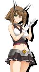  adjusting_clothes adjusting_gloves breasts brown_hair collar commentary crop_top gloves green_eyes hair_between_eyes hand_up headgear highres kantai_collection large_breasts looking_at_viewer md5_mismatch midriff miniskirt mutsu_(kantai_collection) navel one_eye_closed pleated_skirt rappa_(rappaya) shadow short_hair sketch skirt smile solo white_background 