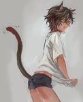  1boy animal_ears brown_hair cat_ears cat_tail child closed_mouth cowboy_shot dark_skin from_side grey_background looking_at_viewer male_focus multicolored_hair ookurikara personification red_hair shirt_pull short_shorts shorts simple_background solo t-shirt touken_ranbu yamakawa_umi yellow_eyes younger 