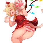  animal_ears ascot ass blonde_hair bow cat_ears cat_tail dress_shirt eyebrows eyebrows_visible_through_hair fangs flandre_scarlet frilled_sleeves frills from_behind gloves hair_bobbles hair_bow hair_ornament hands_up kemonomimi_mode legs_together looking_at_viewer looking_back miniskirt no_hat no_headwear open_mouth panties paw_gloves paw_pose paws puffy_short_sleeves puffy_sleeves red_bow red_skirt red_vest sekiyu_(spartan) shirt short_sleeves side_ponytail skirt skirt_set smile solo striped striped_panties tail thighs tongue touhou underwear upskirt vest white_shirt wings 