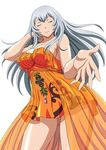  breasts chouun_shiryuu cleavage closed_eyes collarbone dress eyebrows eyebrows_visible_through_hair hand_in_hair ikkitousen large_breasts long_hair orange_hair see-through sideboob silver_hair simple_background solo strapless strapless_dress white_background 
