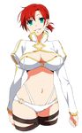  akitetsu boudica_(fate/grand_order) breasts cleavage commentary_request cropped_legs fate/grand_order fate_(series) green_eyes grin highres juliet_sleeves large_breasts long_sleeves midriff navel o-ring o-ring_bottom o-ring_top ponytail puffy_sleeves red_hair short_hair shrug_(clothing) skindentation smile solo transparent_background 