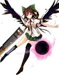  arm_cannon asymmetrical_legwear bird_wings black_legwear black_wings blouse boots bow cape collared_shirt commentary_request energy_ball full_body greaves green_skirt hair_bow highres holding holding_weapon long_hair looking_at_viewer miniskirt red_eyes reiuji_utsuho shirt short_sleeves simple_background single_thighhigh skirt smile solo standing tetsurou_(fe+) thighhighs third_eye touhou weapon white_background white_blouse wings 