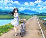  bangs basket bicycle bicycle_basket black_hair blue_eyes breasts bridge canal cloud cloudy_sky crossed_ankles day dress floating_hair ground_vehicle hand_up hat hat_ribbon head_tilt hill kazuharu_kina long_hair looking_at_viewer mountain original outdoors real_world_location reflection ribbon rice_paddy road rural sandals scenery sky sleeveless sleeveless_dress small_breasts smile solo spaghetti_strap standing sun_hat sundress white_dress white_hat wide_shot wind 