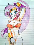  blue_eyes blush bottomless breasts cleavage covering_crotch earrings embarrassed jewelry large_breasts looking_at_viewer pointy_ears purple_hair shantae shantae_(character) smile sweat very_long_hair wayforward 