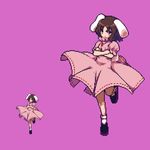  animal_ears bunny_ears bunny_tail commentary dress inaba_tewi jewelry oshouyu_tabetai pendant pink_background pink_dress pixel_art solo tail touhou 