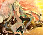  :d ^_^ aqua_hair bangs cherry_blossoms closed_eyes detached_sleeves hatsune_miku headset holding holding_umbrella long_hair looking_back open_hand open_mouth pleated_skirt sakura_no_ame_(vocaloid) shiina_kuro skirt smile solo thighhighs transparent transparent_umbrella twintails umbrella very_long_hair vocaloid 