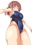  breasts brown_hair competition_swimsuit from_below long_hair medium_breasts one-piece_swimsuit original parted_lips pink_eyes standing swimsuit usyuuri wavy_hair 