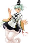  alternate_hairstyle cosplay cowboy_shot ghost_tail green_hair hair_between_eyes hat highres japanese_clothes kariginu looking_at_viewer miniskirt mononobe_no_futo mononobe_no_futo_(cosplay) pom_pom_(clothes) ponytail pororikin skirt smile soga_no_tojiko solo tate_eboshi touhou wide_sleeves 