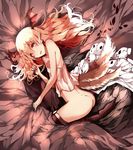  absurdres ass bare_shoulders bed bed_sheet black_legwear blonde_hair bottomless breasts collar covered_nipples fangs flower from_above granblue_fantasy highres long_hair looking_at_viewer low_wings lying no_panties on_side open_mouth red_eyes sheet_grab shingeki_no_bahamut small_breasts solo vampy venomrobo wings 