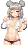  animal_ears ass_visible_through_thighs blush breasts covering covering_breasts cowboy_shot grey_hair highres looking_at_viewer mouse_ears mouse_tail nazrin one_eye_closed panties red_eyes shiron_(e1na1e2lu2ne3ru3) short_hair simple_background small_breasts smile solo tail thigh_gap touhou towel towel_around_neck underwear white_background 