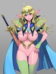 armor blonde_hair blue_eyes breasts cape censored circlet cleavage cowboy_shot elf gloves green_gloves green_legwear hand_on_hip huge_breasts jewelry long_hair looking_at_viewer masao mosaic_censoring navel necklace nipples original pointy_ears pussy sheath sheathed shoulder_armor solo sword thighhighs weapon 