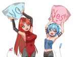  2girls armpits arms_up bare_shoulders belt blue_eyes blue_hair breasts choker cleavage covered_navel detached_sleeves dildo halterneck head_fins horns large_breasts leotard long_hair mermaid_melody_pichi_pichi_pitch mimi_(mermaid_melody_pichi_pichi_pitch) multiple_girls navel open_mouth orange_hair pantyhose pillow ponytail red_eyes sheshe shiny_clothes short_hair short_shorts shorts simple_background sisters sleeveless sleeveless_shirt smile tail very_long_hair white_background wntame yes-no_pillow 