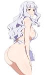  absurdres apron ass blush breasts cowboy_shot hairband hands_on_own_thighs highres idolmaster idolmaster_(classic) jabara_tornado large_breasts leaning_forward long_hair looking_at_viewer looking_back naked_apron no_bra no_panties purple_eyes shijou_takane sideboob silver_hair simple_background smile solo standing white_background white_hairband 