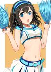  :o belt black_hair blue_eyes blush breasts cheerleader commentary_request crop_top crop_top_overhang hairband highres idolmaster idolmaster_cinderella_girls long_hair medium_breasts midriff navel open_mouth pettan_p pom_poms sagisawa_fumika skirt solo stomach sweat w_arms 