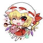  :d blonde_hair candy checkerboard_cookie cherry chibi chocolate_doughnut cookie cupcake doily doughnut fang flandre_scarlet food frilled_skirt frills fruit hat hat_ribbon heart kneehighs lollipop looking_at_viewer mob_cap noai_nioshi one_eye_closed open_mouth puffy_short_sleeves puffy_sleeves red_eyes ribbon short_hair short_sleeves side_ponytail simple_background skirt skirt_set smile solo touhou white_background white_legwear wings wrist_cuffs 