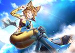  ;d animal_ears barefoot blue_eyes blush breasts brown_hair cailana erune feet granblue_fantasy headband highres hoppege large_breasts long_sleeves looking_at_viewer one_eye_closed open_mouth short_hair smile solo surfboard surfing toeless_legwear toes v water wetsuit 