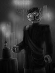  2015 5_fingers alcohol anthro beverage bottle candelabra candle cane clothed clothing codytiger detailed_background digital_media_(artwork) digital_painting_(artwork) epaulette feline front_view glass greyscale hair hair_over_eye holding_glass holding_object jack_daniels looking_at_viewer male mammal monochrome portrait signature solo standing stjerneklart three-quarter_portrait tiger uniform victorian whiskey 