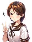  alternate_hair_length alternate_hairstyle betti_(maron) blush brown_eyes brown_hair kantai_collection neckerchief school_uniform serafuku shikinami_(kantai_collection) short_hair solo translated v 