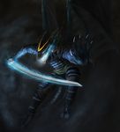  5_fingers anthro armor black_background blue_eyes claws clothed clothing dark_theme detailed dragon energy holding_object holding_weapon horn katana male melee_weapon membranous_wings open_mouth raziel_(talakestreal) scalie simple_background solo sword teeth themefinland tongue weapon wings 