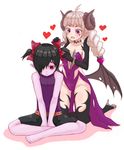  1boy 1girl arezea barefoot black_hair blush bow demon_wings dimension dungeon_and_fighter eyebrows feet hair_bow hair_ornament heart horns male_mage_(dungeon_and_fighter) nyarly_the_forbidden pointy_ears shadow simple_background sitting succubus trap twintails walker_(dungeon_and_fighter) white_background wings 