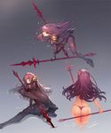  ass ass_support bikini bodysuit breasts closed_mouth fate/grand_order fate_(series) flower gae_bolg hair_flower hair_ornament hibiscus highres long_hair looking_at_viewer medium_breasts multiple_views open_mouth pauldrons polearm purple_bikini purple_bodysuit purple_hair scathach_(fate)_(all) scathach_(fate/grand_order) scathach_(swimsuit_assassin)_(fate) simple_background spear swimsuit teddy_(khanshin) thong thong_bikini very_long_hair water weapon 
