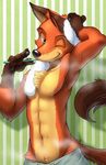  2016 abs anthro armpits brushing_teeth canine chest_tuft clothed clothing disney fox green_eyes looking_at_viewer male mammal navel nick_wilde one_eye_closed raizinndx shorts solo standing steam toothbrush topless towel tuft wink zootopia 