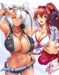  :d arm_up bare_shoulders belt between_breasts bikini_top bottle bracelet breasts brown_eyes brown_hair cleavage cloud collarbone commentary_request dark_skin dated glasses hair_between_eyes headgear holding jewelry kantai_collection large_breasts long_hair looking_at_viewer multiple_girls musashi_(kantai_collection) navel necklace okitakung one_eye_closed open_mouth ponytail ramune red_eyes ripples sarong short_shorts shorts sidelocks signature sky smile sun wading water wet white_bikini_top yamato_(kantai_collection) 