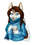  beverage blue_eyes brown_fur brown_hair canine clothing coffee dog female fur hair husky looking_at_viewer mammal multicolored_fur pink_nose simple_background solo sweater tongue tongue_out two_tone_fur vespur white_fur 