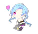  1girl belt blue_hair boots braid bullets chibi heart jinx_(league_of_legends) league_of_legends long_hair pink_eyes thighhighs twin_braids weapon wink 