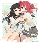  2girls :d arm_grab artist_name bangs black_hair bow bowtie confetti dated green_eyes hair_ribbon hug karuha kurosawa_dia kurosawa_ruby long_hair long_sleeves looking_at_viewer love_live! love_live!_sunshine!! mole mole_under_mouth multiple_girls neckerchief one_eye_closed open_mouth pink_hair pleated_skirt red_hair ribbon school_uniform serafuku siblings sisters skirt smile two_side_up uranohoshi_school_uniform 