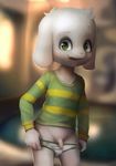  5_fingers asriel_dreemurr blush briefs caprine child clothing cub flaccid goat green_eyes humanoid_penis male mammal monster open_mouth penis ruugiaruu solo uncut undertale underwear undressing video_games young 