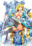  aqua_eyes armor bikini_armor blonde_hair breasts cinderella_(queen's_blade_grimoire) flipped_hair frilled_sleeves frills large_breasts long_hair looking_at_viewer official_art parted_lips pauldrons queen's_blade queen's_blade_grimoire saburou_(hgmg) simple_background sitting smile solo thighhighs throne tiara wariza white_background white_legwear wide_sleeves 