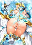  aqua_eyes armor ass bikini_armor blonde_hair breasts cinderella_(queen's_blade_grimoire) dutch_angle flipped_hair frilled_sleeves frills large_breasts long_hair looking_at_viewer looking_back official_art parted_lips pauldrons polearm queen's_blade queen's_blade_grimoire saburou_(hgmg) simple_background sitting smile solo thighhighs tiara wariza weapon white_background white_legwear wide_sleeves 