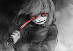  artist_request blood chara_(undertale) knife looking_at_viewer monochrome red_eyes tagme undertale 