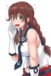  blush braid breasts brown_hair commentary_request flying_sweatdrops gloves green_eyes kantai_collection large_breasts long_hair looking_at_viewer noshiro_(kantai_collection) open_mouth school_uniform serafuku skirt sleeveless solo sweat sweatdrop twin_braids white_gloves youkan 