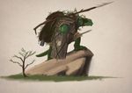 anthro clothed clothing crouching grass green_scales male melee_weapon polearm rock scales scalie simple_background solo spear standing themefinland tree weapon 