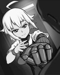  antenna_hair clenched_hand dana_zane greyscale mechanical_arm monochrome necktie out_of_frame punching solo_focus va-11_hall-a wristband 