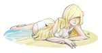  arm_support ass beach bikini blonde_hair blue_hair breasts bright_pupils cleavage erica_june_lahaie flower green_eyes hair_flower hair_flowing_over hair_ornament hair_over_one_eye hair_spread_out lips long_hair looking_at_viewer lusamine_(pokemon) lying multicolored_hair parted_lips partially_submerged pokemon pokemon_(game) pokemon_sm sand small_breasts smile solo streaked_hair swimsuit very_long_hair water white_bikini 