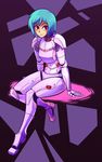  armor blue_hair highres looking_at_viewer red_eyes sei_(va-11_hall-a) short_hair simple_background sitting solo va-11_hall-a 