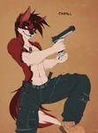  2014 abs anthro athletic biceps canine clothed clothing cynfall digital_media_(artwork) fluff-kevlar fur gun hair jewelry knife male mammal muscular necklace ranged_weapon smile solo standing topless weapon wolf 