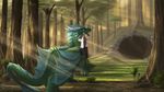  anthro blue_eyes carrying cave clothed clothing curved_horn day detailed_background dragon duo feral forest green_scales horn membranous_wings outside scales scalie standing sunlight teeth themefinland tree wings 
