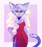  breasts captyns cat clothing cosette dress ears_up feline female fur mammal open_mouth purple_fur red_dress red_eyes tuft yellow_sclera 
