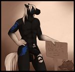  2015 animal_genitalia animal_penis anthro armpits balls black_border black_fur blue_eyes border digital_media_(artwork) ekbellatrix english_text equine equine_penis front_view fur gradient_background hair half-erect hand_on_hip hi_res horse looking_at_viewer male mammal mottled_penis multicolored_fur nude penis portrait sign simple_background smile solo standing tattoo text three-quarter_portrait two_tone_fur watermark white_fur white_hair 