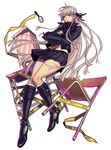  belt_boots black_footwear boots bow braid chair coat danganronpa danganronpa_1 gloves hair_bow highres kirigiri_kyouko knee_boots komo_(sleepy) lavender_hair long_hair magnifying_glass pleated_skirt simple_background skirt solo white_background yellow_eyes 