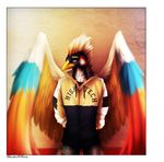  alenkavoxis anthro avian beak bird clothed clothing feathered_wings feathers hands_behind_back male smile solo wings 
