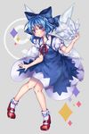  13_(spice!!) 1girl blue_bow blue_dress blue_eyes blue_hair bow cirno dress full_body grey_background grin hair_bow highres ice ice_wings knees_together_feet_apart looking_at_viewer mary_janes neck_ribbon puffy_short_sleeves puffy_sleeves red_footwear red_ribbon ribbon shoes short_hair short_sleeves smile solo touhou wings 