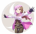  belt black_gloves brown_eyes brown_hair brown_pants covered_navel gloves heterochromia iesupa jewelry long_hair mitsudomoe_(shape) multicolored_hair necklace neo_(rwby) outstretched_arms pants pink_hair purple_eyes ribbed_shirt rwby shirt smile solo standing tomoe_(symbol) two-tone_hair 