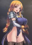  agrias_oaks armor blonde_hair blush boots braid breasts brown_eyes brown_gloves final_fantasy final_fantasy_tactics gloves highleg highleg_leotard huge_breasts leotard long_hair looking_at_viewer nagase_haruhito open_mouth single_braid solo 