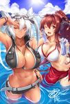  2girls :d arm_up bare_shoulders belt between_breasts bikini_top bottle bracelet breasts brown_eyes brown_hair cleavage cloud collarbone dark_skin dated day eyewear_on_head glasses hair_between_eyes headgear holding jewelry kantai_collection large_breasts long_hair looking_at_viewer multiple_girls musashi_(kantai_collection) navel necklace okitakung one_eye_closed open_mouth outdoors ponytail ramune red_eyes ripples sarong short_shorts shorts sidelocks signature sky smile sun wading water wet white_bikini_top yamato_(kantai_collection) 